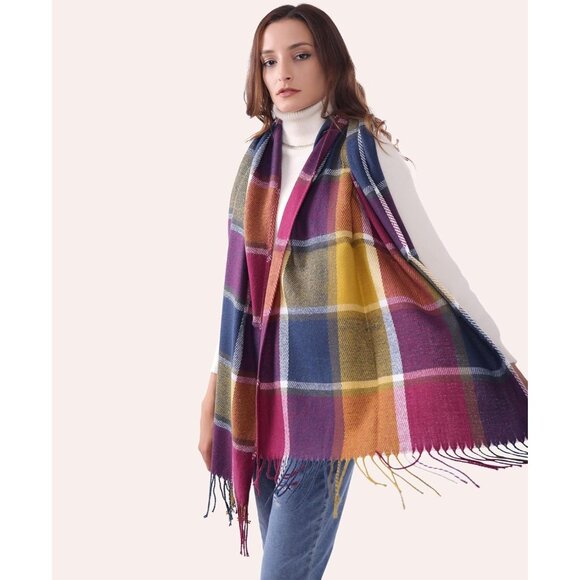 Women Colored Plaid Winter Warm Shawl Wraps Tartan Blanket Oversized Scarves - Picture 2 of 5